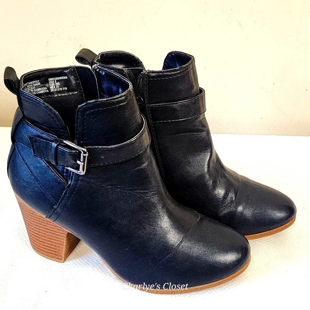 Casual Ankle Boots 8 Black Block Heel Buckle Rustic Boho Biker Mountain‎